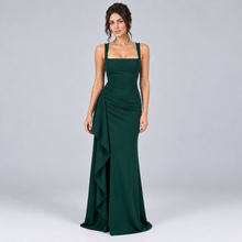 Montarello Women's Square-Neck Ruched Maxi Dress with Side Split – dark green front