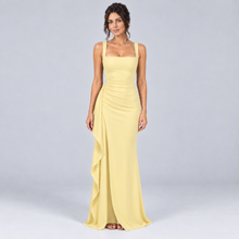 Montarello Women's Square-Neck Ruched Maxi Dress with Side Split – yellow front