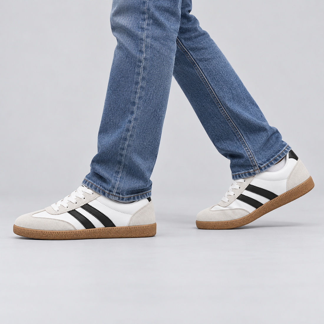 Montarello Men's Retro Trainers with Contrast Stripes — White — worn with trousers