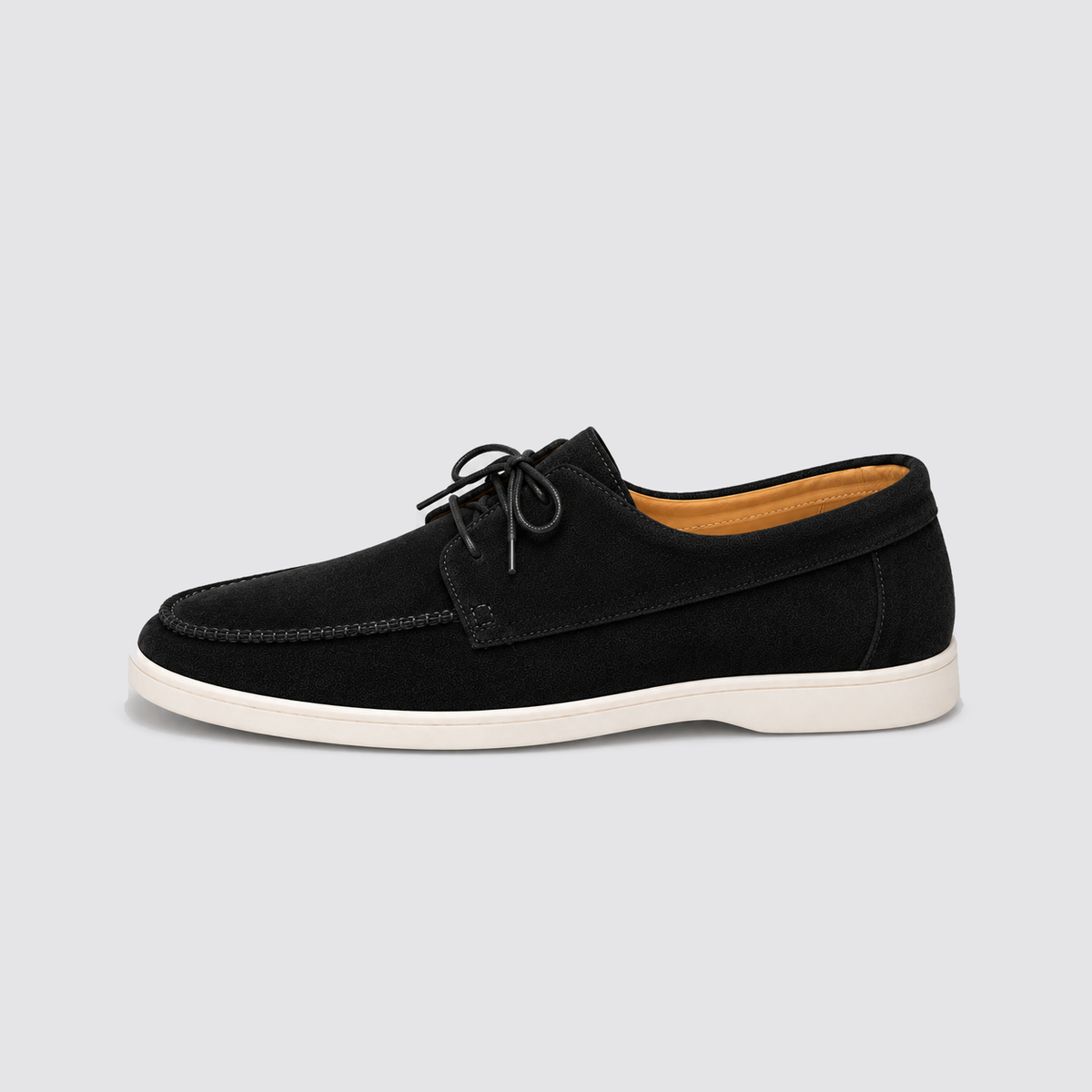 Black moccasin lace-up side profile