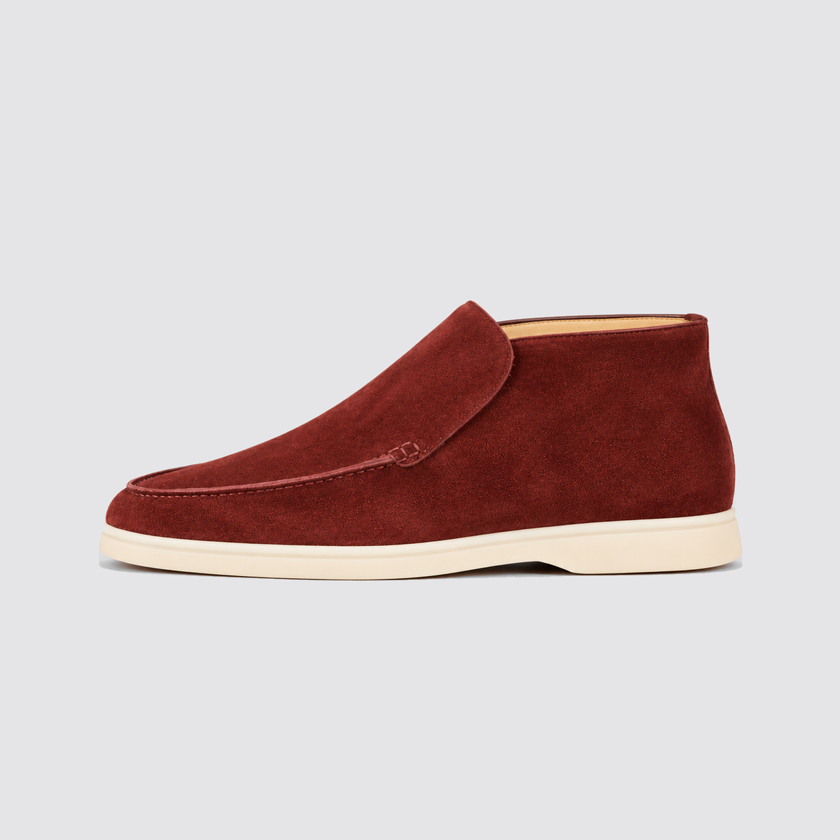 Burgundy suede ankle boot side profile