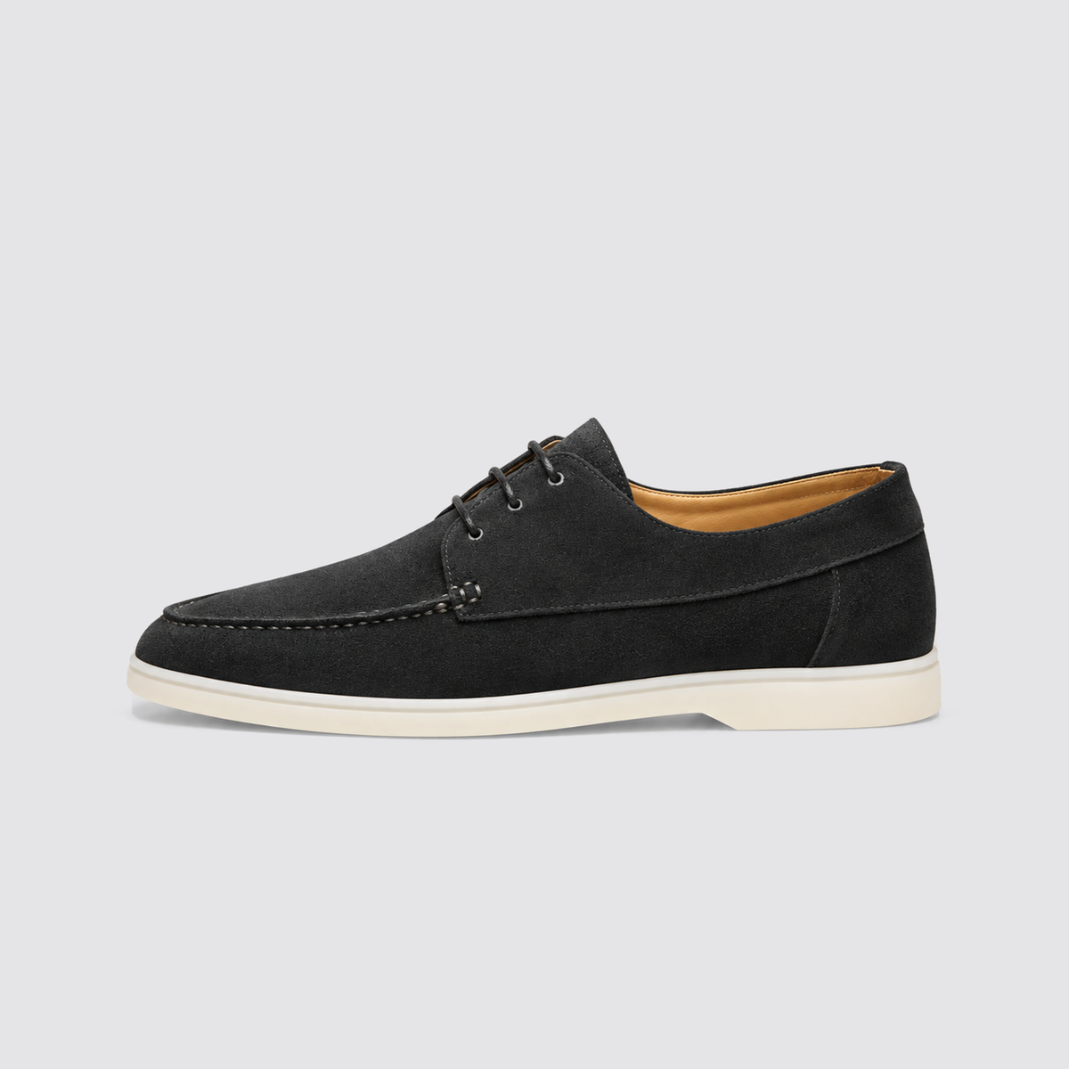 Black suede lace-up loafer side profile