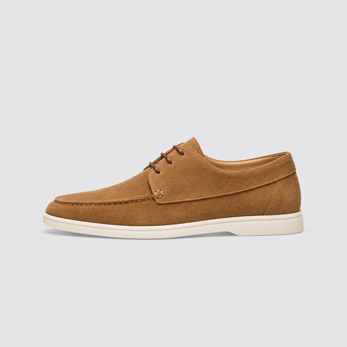 Brown suede lace-up loafer side profile
