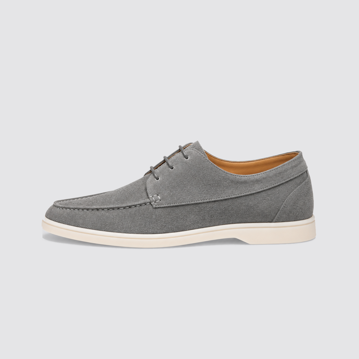 Gray suede lace-up loafer side profile