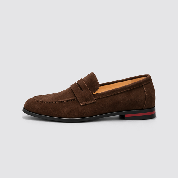 Brown suede penny loafer side profile