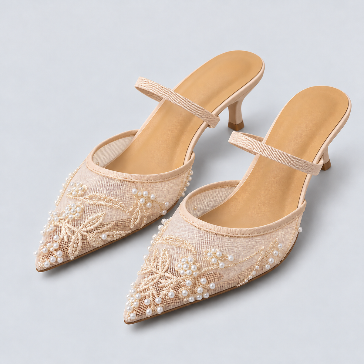 Apricot embroidered mesh kitten heel slingbacks — studio view with pearl and woven strap details