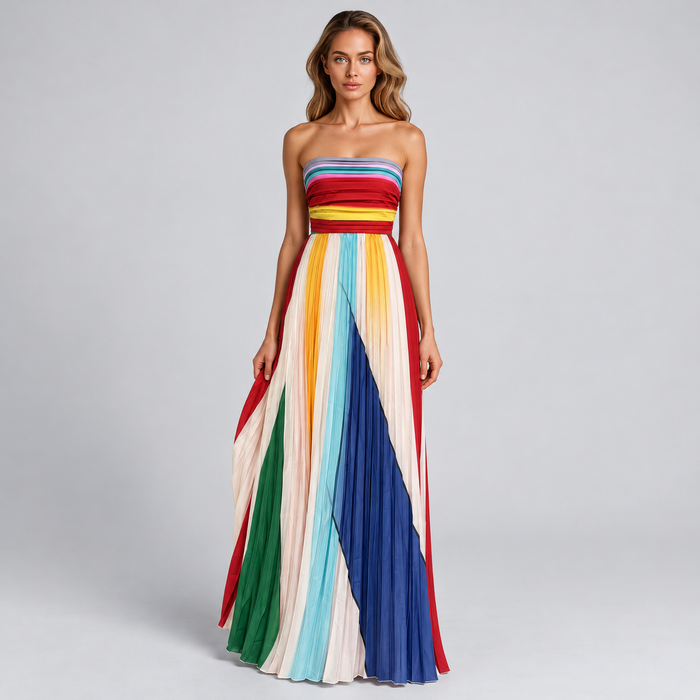 Montarello women's strapless pleated bold stripe maxi dress - corrected colours and pleated design