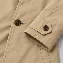 Montarello Men's Tailored Longline Button Front Coat — Beige coat fabric, button and cuff detail
