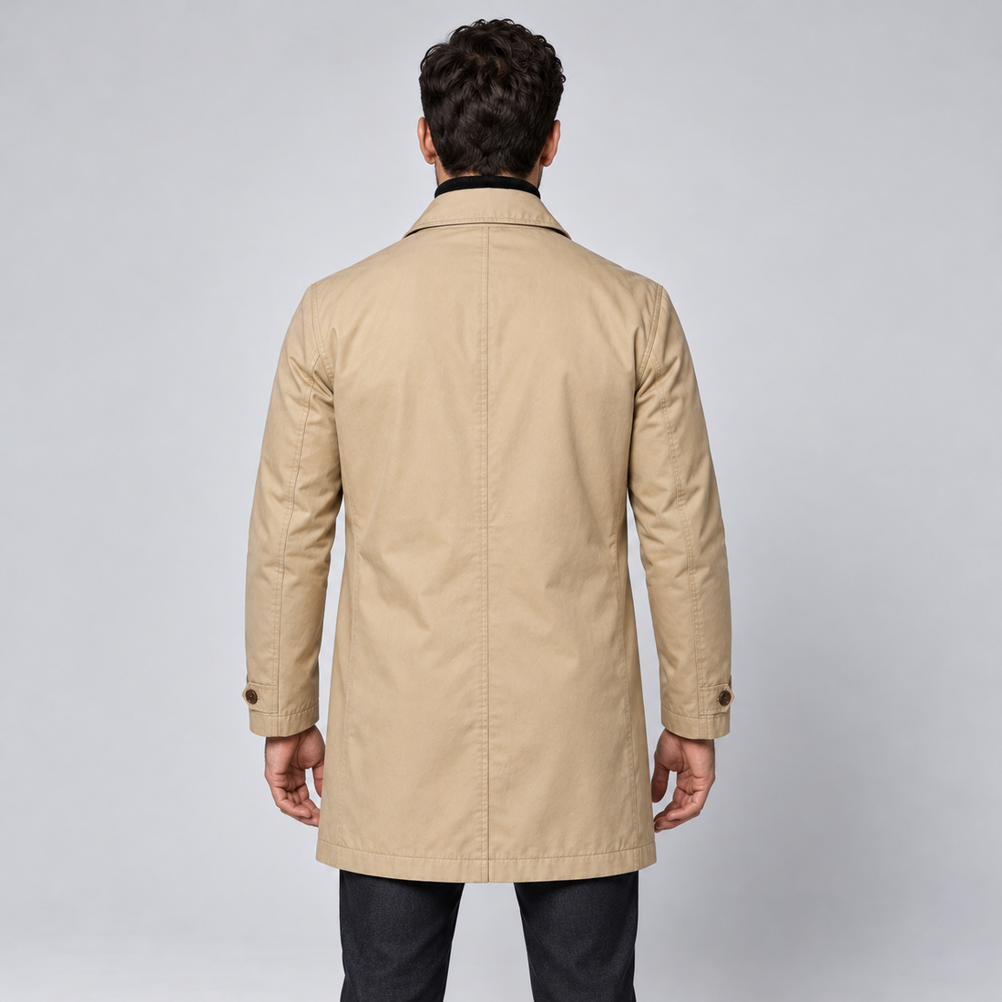 Montarello Men's Tailored Longline Button Front Coat — Beige coat worn by model — back