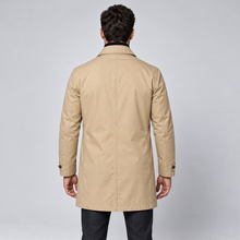 Montarello Men's Tailored Longline Button Front Coat — Beige coat worn by model — back