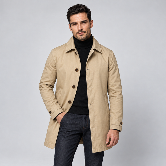Montarello Men's Tailored Longline Button Front Coat — Beige coat worn by model — front