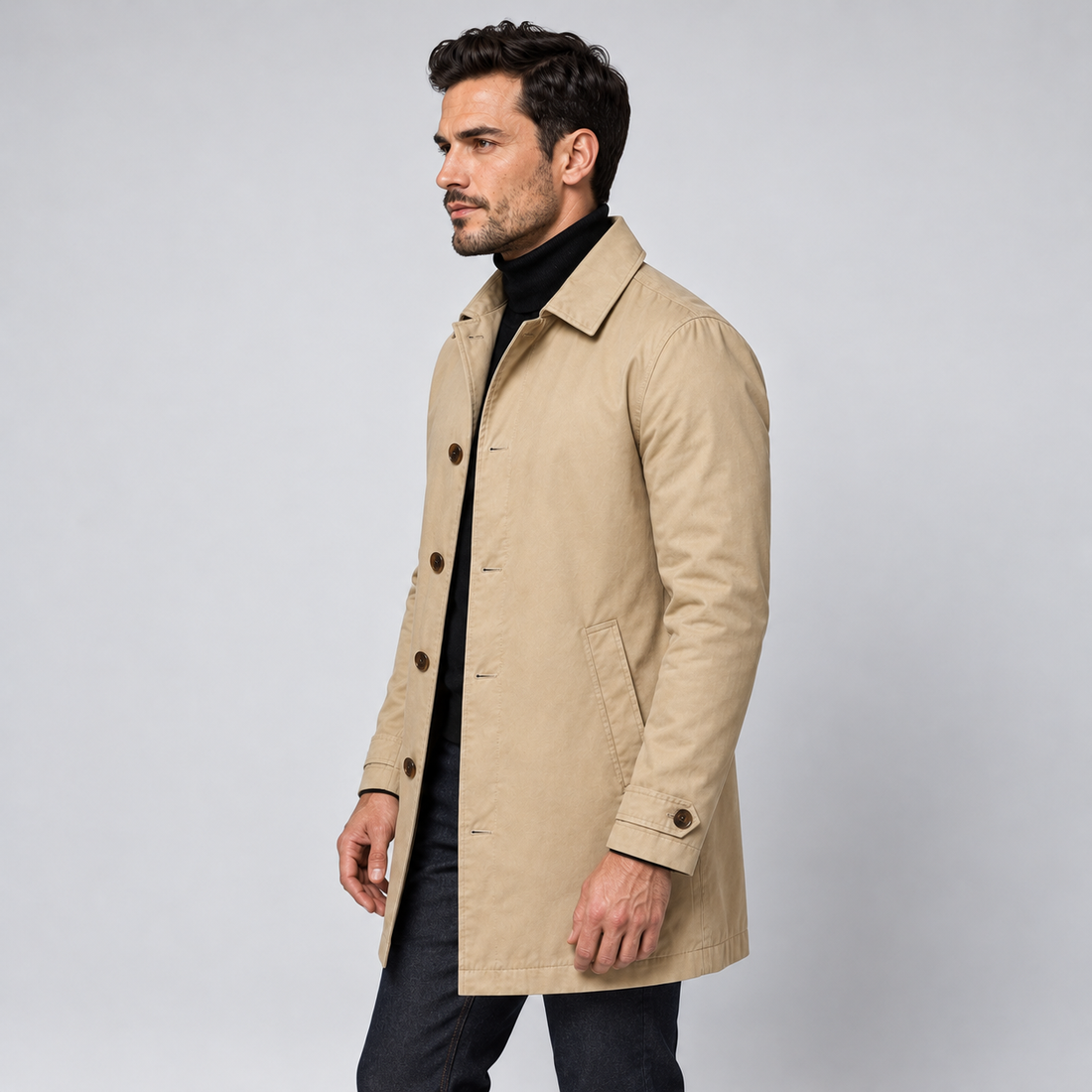 Montarello Men's Tailored Longline Button Front Coat — Beige coat worn by model — side