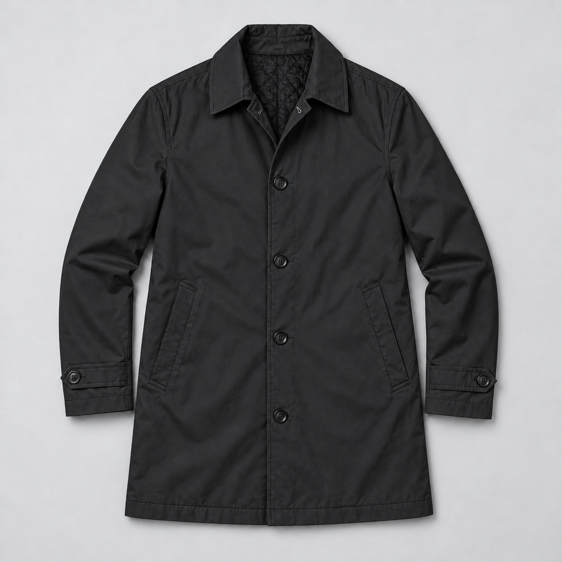 Montarello Men's Tailored Longline Button Front Coat — Black coat laid flat — front