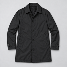 Montarello Men's Tailored Longline Button Front Coat — Black coat laid flat — front