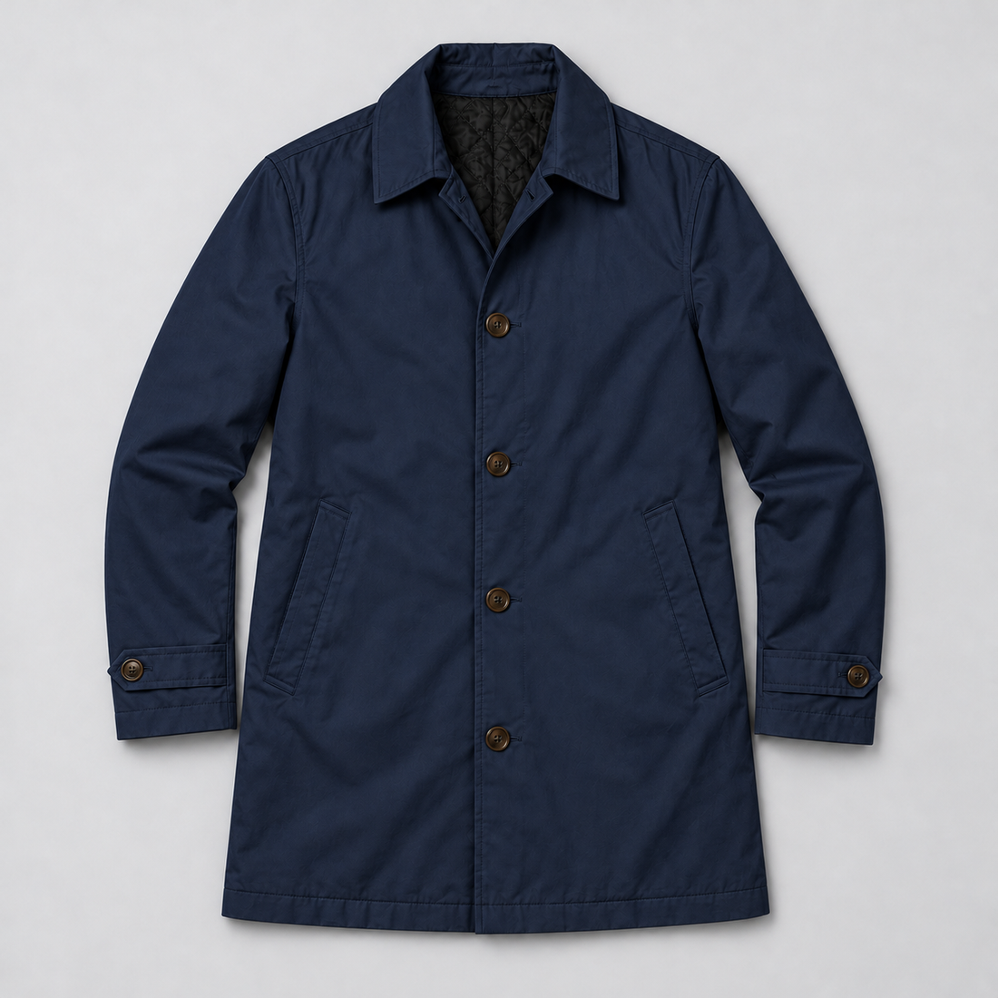 Montarello Men's Tailored Longline Button Front Coat — Navy coat laid flat — front