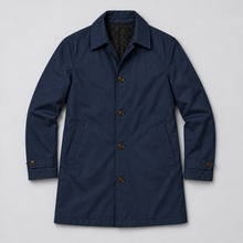 Montarello Men's Tailored Longline Button Front Coat — Navy coat laid flat — front