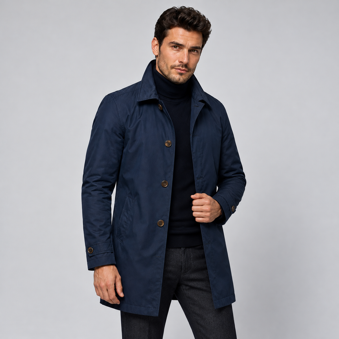 Montarello Men's Tailored Longline Button Front Coat — Navy coat worn by model — front