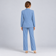 Montarello women's blazer and trouser suit set — blue back studio view