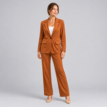 Montarello women's blazer and trouser suit set — brown front studio view