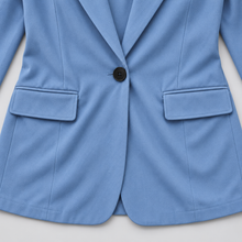 Montarello women's blazer and trouser suit set — blue closeup studio view