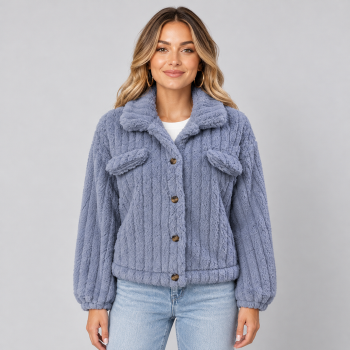 Montarello Women's Collared Button Front Teddy Jacket in Violet Blue — Model wearing jacket, front view
