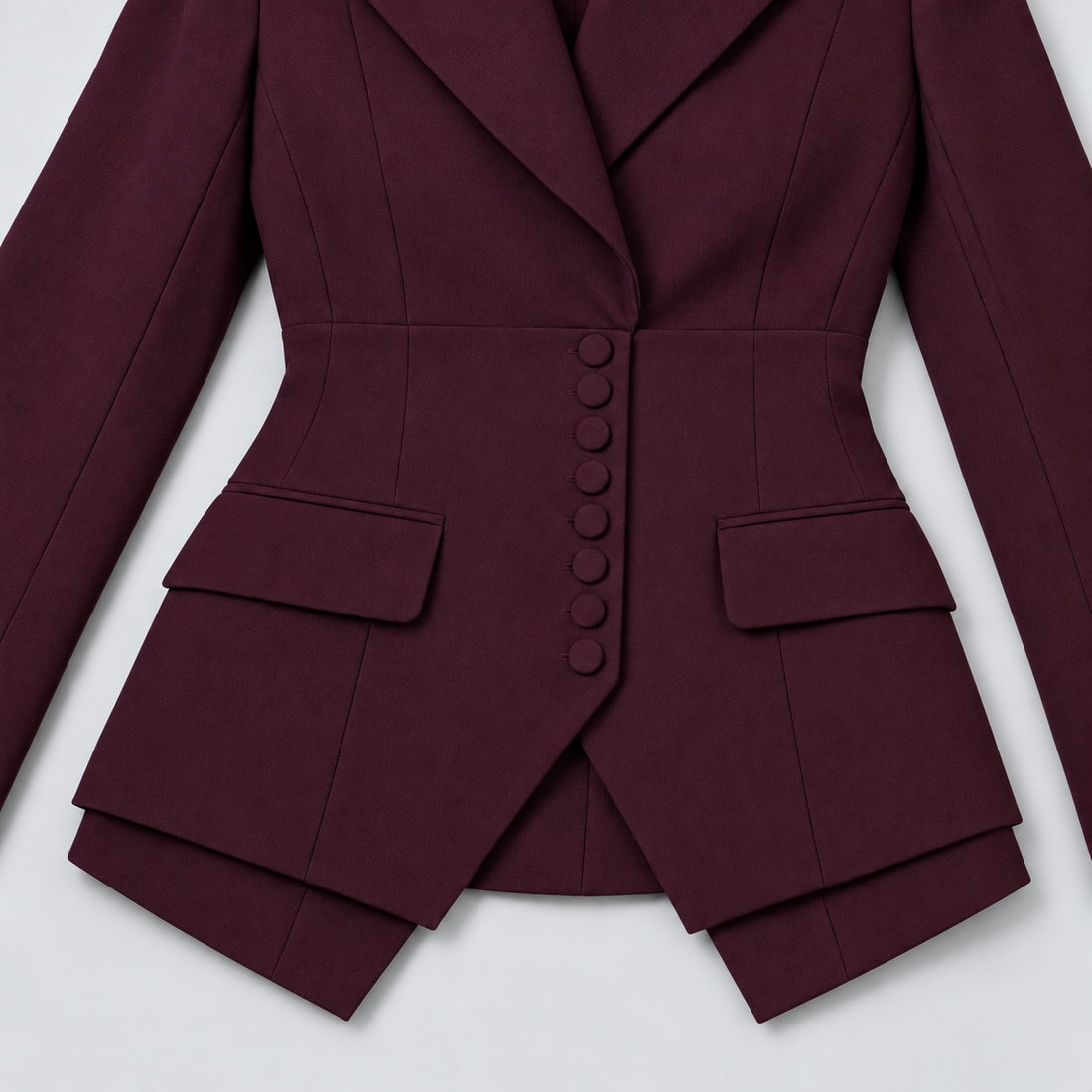 Montarello Women's Tailored Three-Piece Suit – Burgundy button and pocket detail