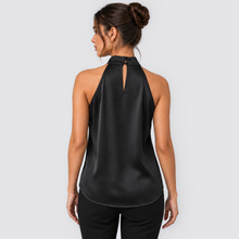 Montarello women's satin-look twist-neck sleeveless evening top - black back