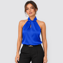 Montarello women's satin-look twist-neck sleeveless evening top - blue front