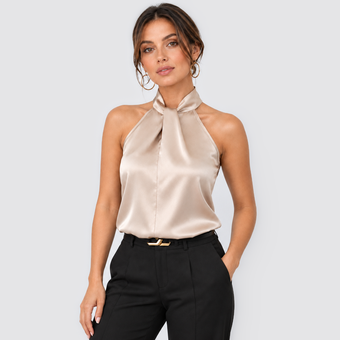 Montarello women's satin-look twist-neck sleeveless evening top - camel front