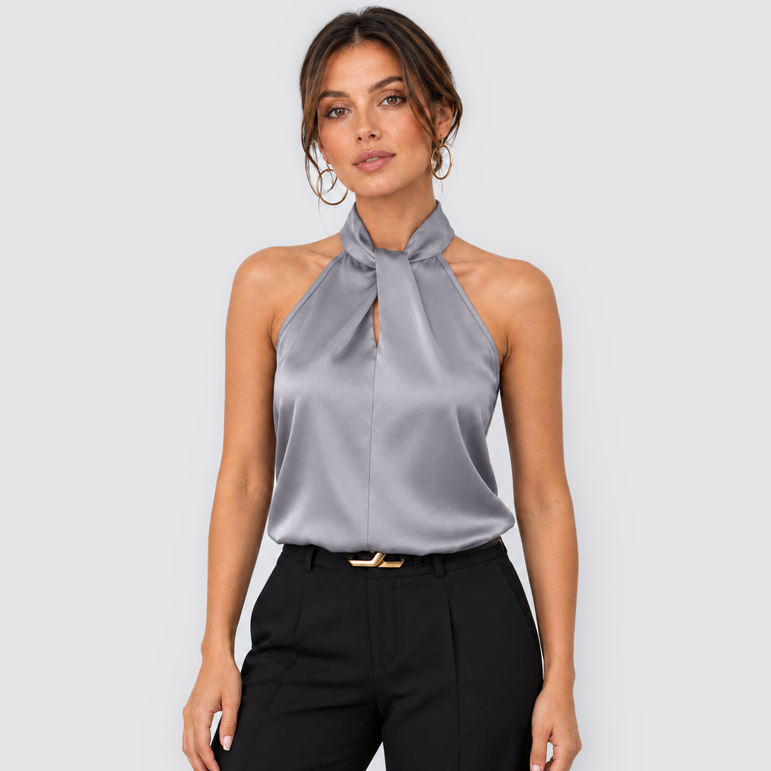 Montarello women's satin-look twist-neck sleeveless evening top - gray front