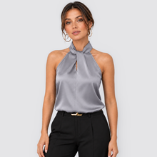 Montarello women's satin-look twist-neck sleeveless evening top - gray front