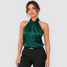 Montarello women's satin-look twist-neck sleeveless evening top - green front