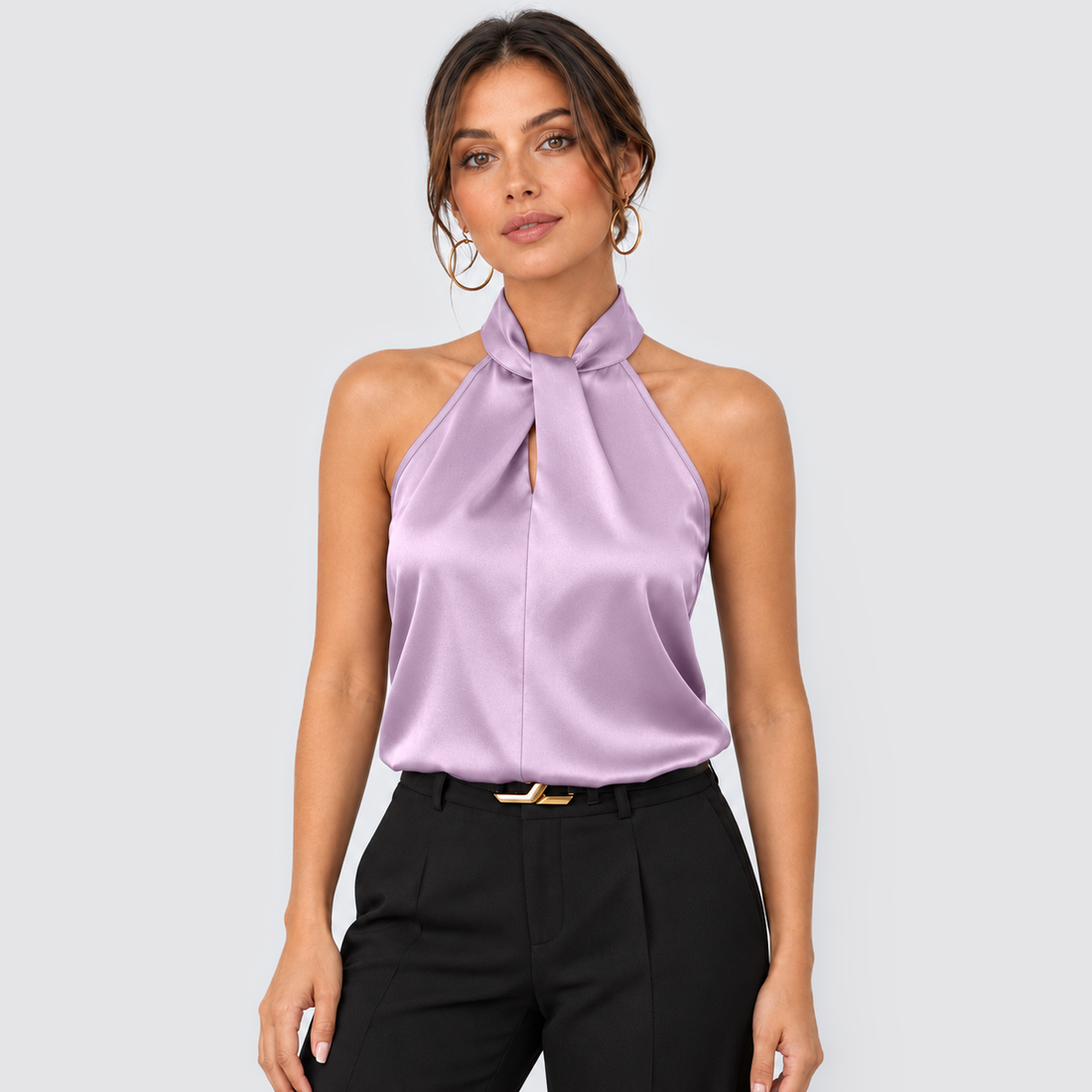 Montarello women's satin-look twist-neck sleeveless evening top - lavender purple front