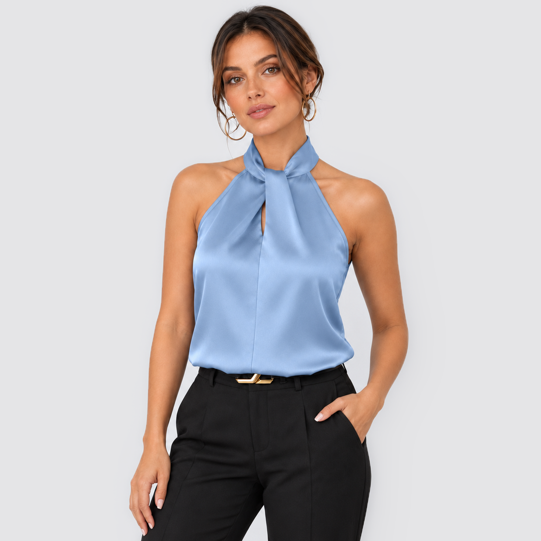 Montarello women's satin-look twist-neck sleeveless evening top - light blue front