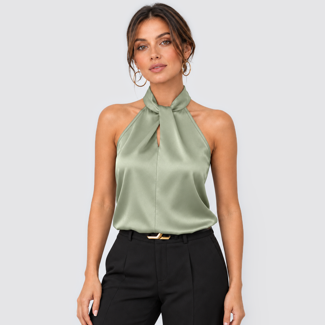 Montarello women's satin-look twist-neck sleeveless evening top - light green front