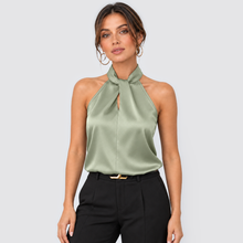 Montarello women's satin-look twist-neck sleeveless evening top - light green front