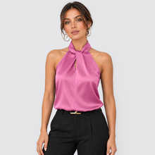 Montarello women's satin-look twist-neck sleeveless evening top - light pink front
