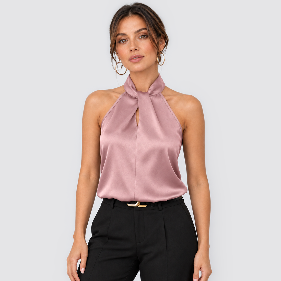 Montarello women's satin-look twist-neck sleeveless evening top - lotus front