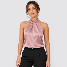 Montarello women's satin-look twist-neck sleeveless evening top - lotus front