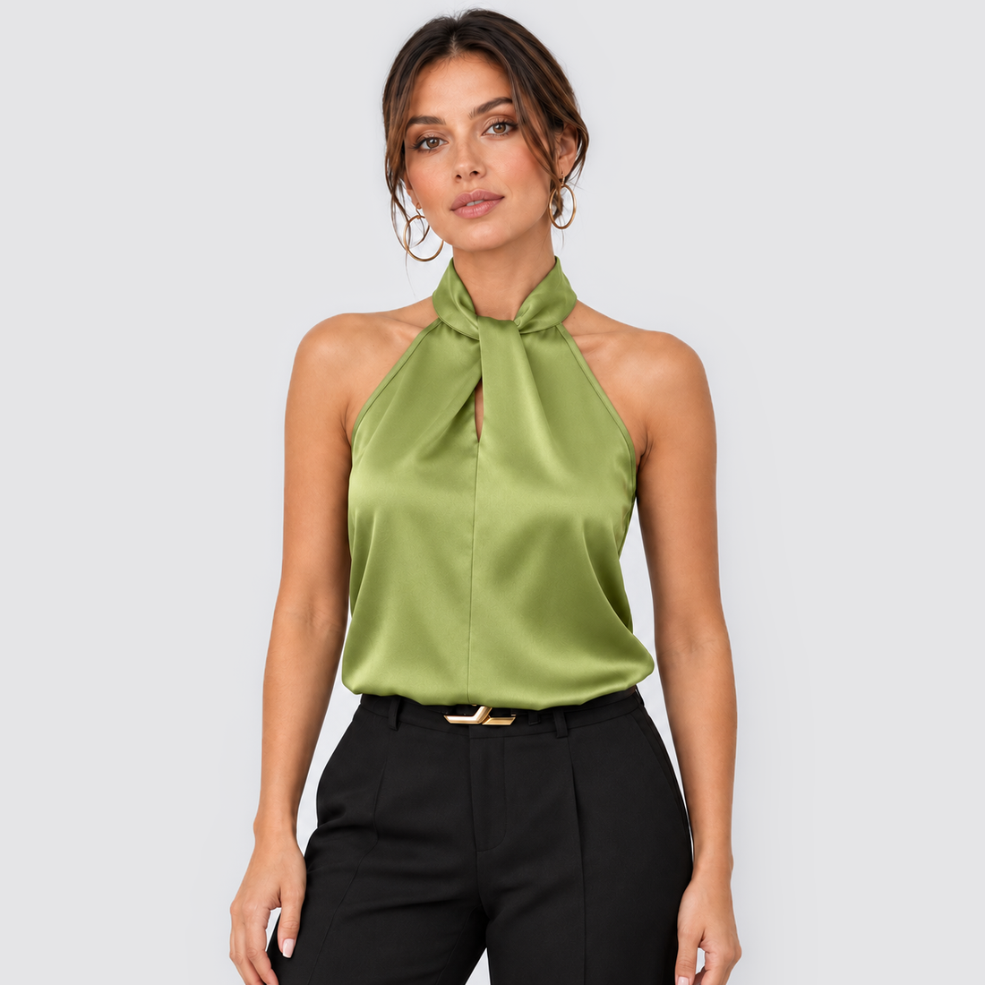 Montarello women's satin-look twist-neck sleeveless evening top - olive front