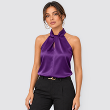 Montarello women's satin-look twist-neck sleeveless evening top - purple front