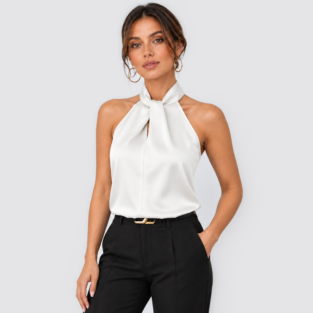 Montarello women's satin-look twist-neck sleeveless evening top - white front