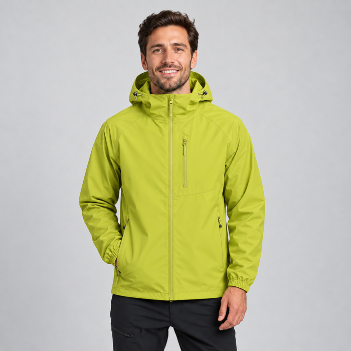Montarello unisex hooded lightweight rain jacket in Lime, front view