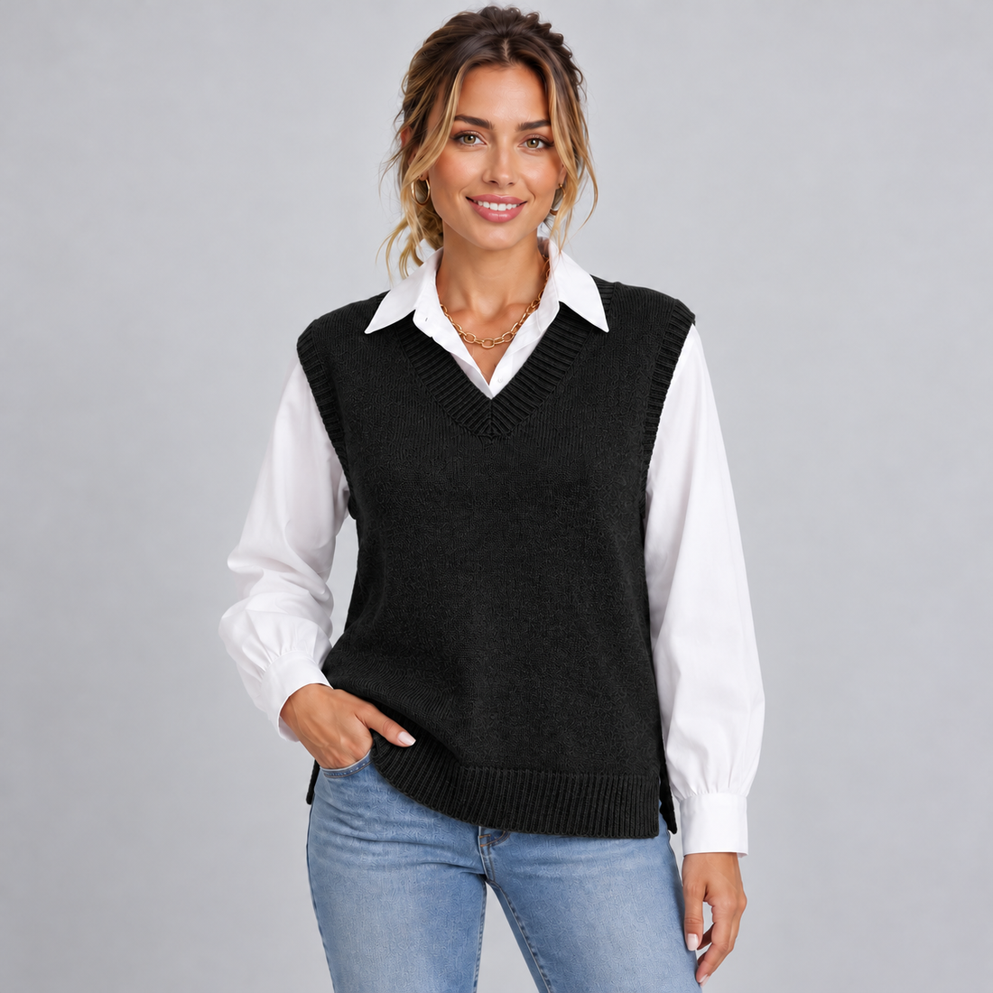 Montarello women's knitted V-neck sweater vest in Black - relaxed fit with side splits