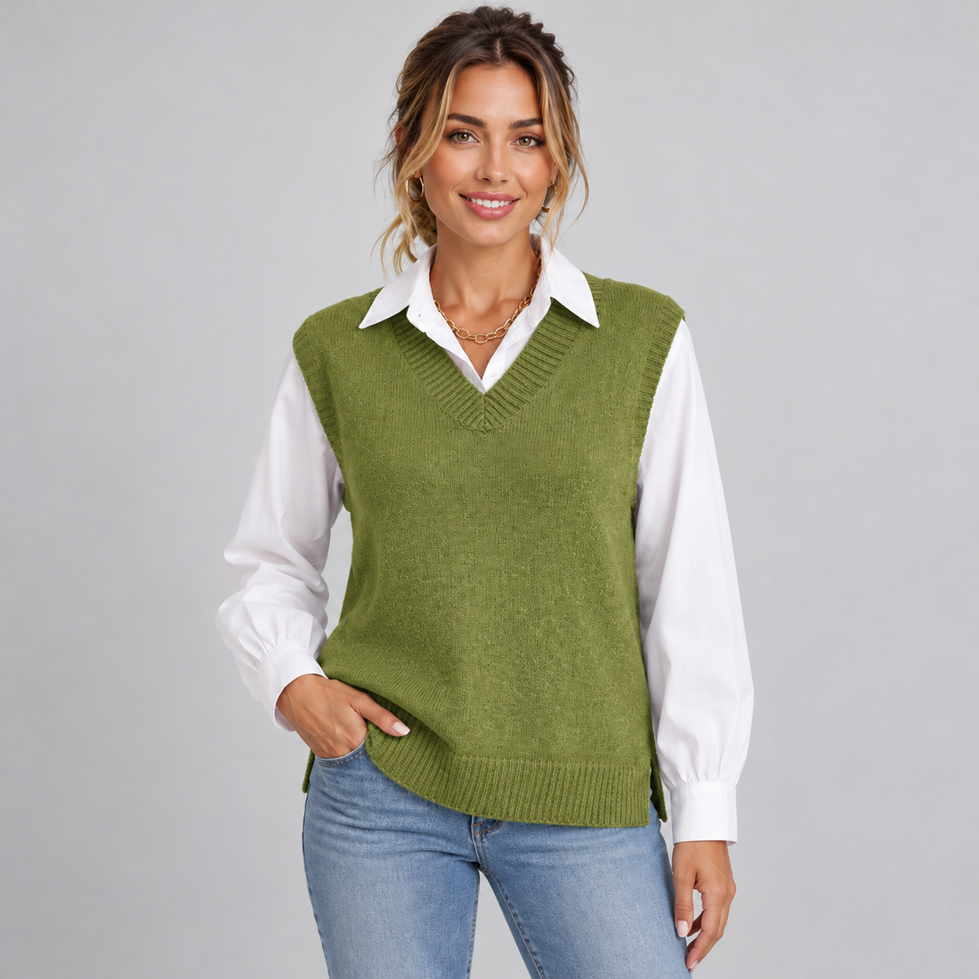 Montarello women's knitted V-neck sweater vest in Green - relaxed fit with side splits
