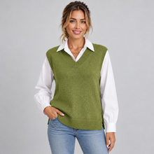 Montarello women's knitted V-neck sweater vest in Green - relaxed fit with side splits