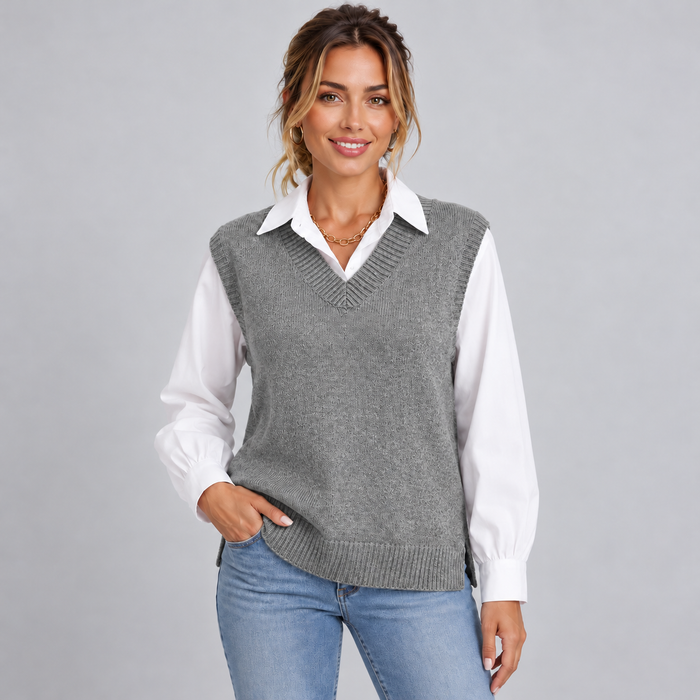 Montarello women's knitted V-neck sweater vest in Grey - relaxed fit with side splits