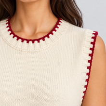 Montarello women's cream sweater vest with red contrast edging – detail view
