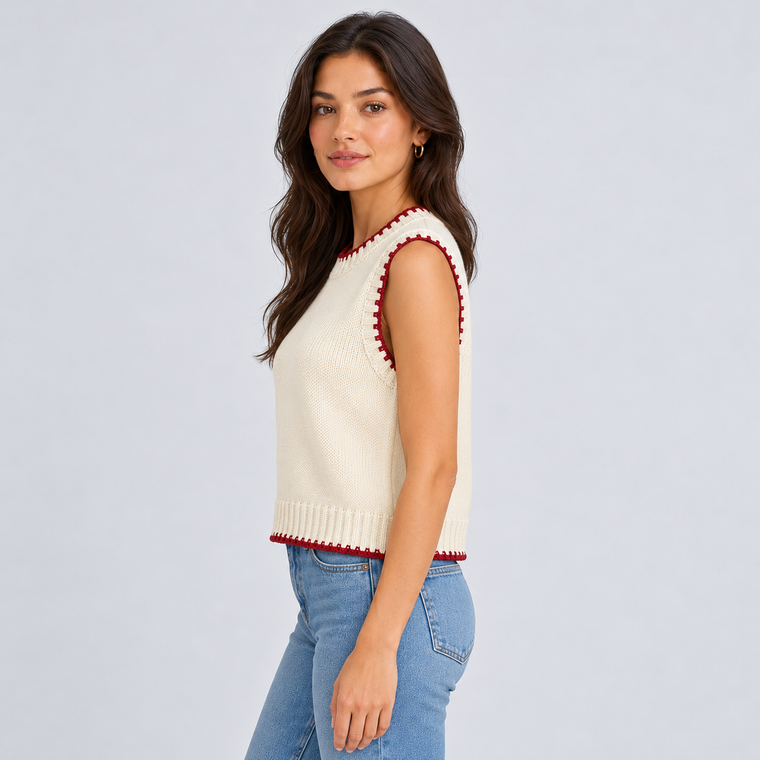 Montarello women's cream sweater vest with red contrast edging – side view
