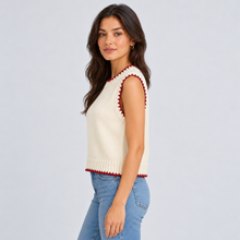 Montarello women's cream sweater vest with red contrast edging – side view